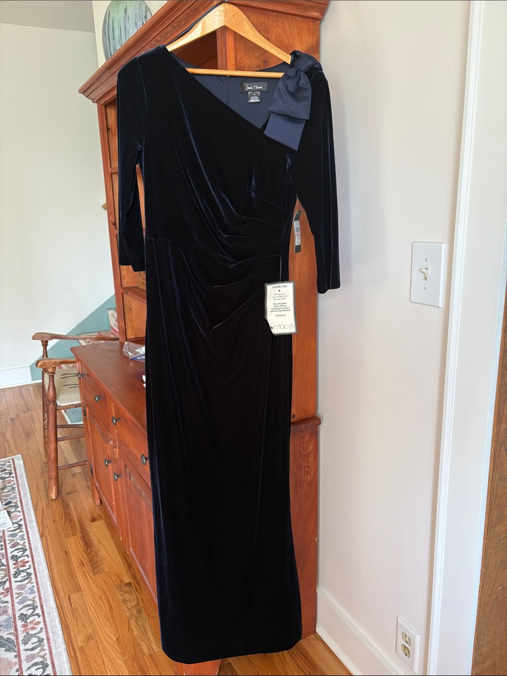 Jessica Howard Navy Velvet One-Shoulder Bow Maxi Dress